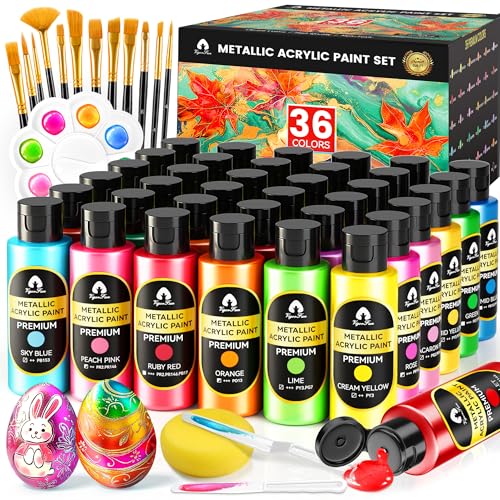 52 Pcs Metallic Acrylic Paint Set with 12 Brushes, 2 Knives & Palette, 36 Colors (2oz/60ml) - for Adults, Artists & Beginners - Canvas Ceramic Rock Wood Pumpkin Painting Kit