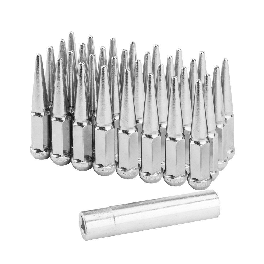 MOTORHOT 32Pcs Wheel Spike Lug Nut with 1 Socket Key 14x2 Chrome Tall Closed End Nuts Compatible with 1999-2004 Ford F-250 Ford F-350 Super Duty