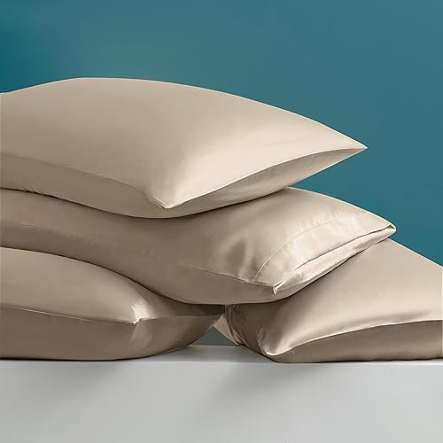 Miniatura 6 de Ersmak Juego de sábanas de lujo de satén sedoso arena de 7 piezas, tamaño King con bolsillo profundo, sábana encimera, 4 fundas de almohada y funda