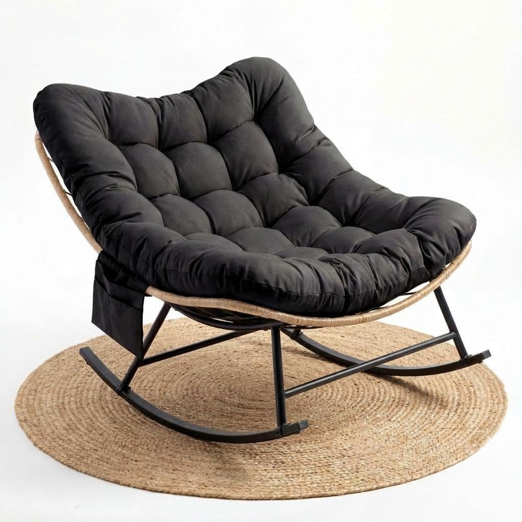 Aptliton Outdoor Rocking Chair, 450LBS Capacity Oversized Wicker Rattan Chair with Thick Cushion, All-Weather Patio Rocker for Garden, Balcony, Living Room, Bedroom