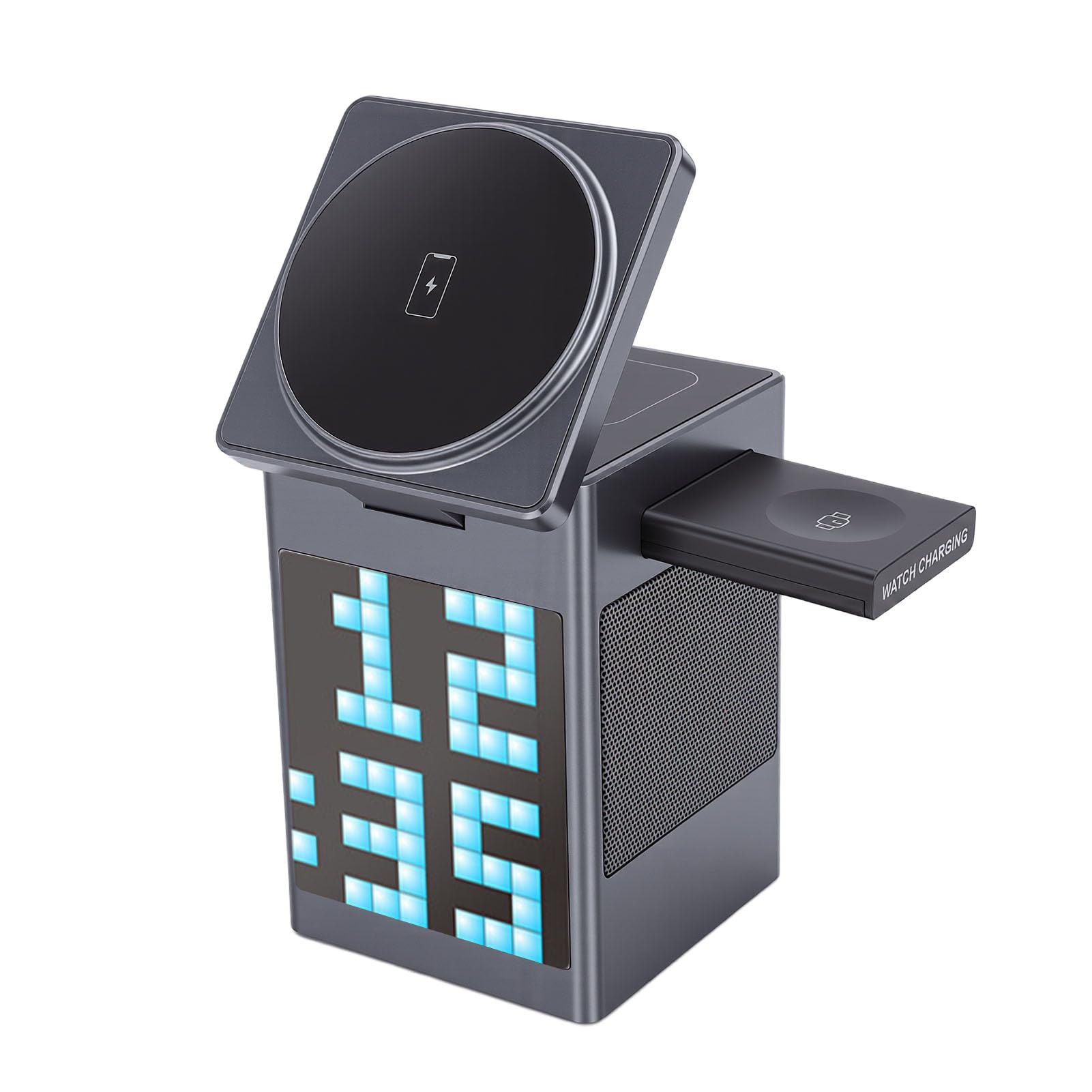 Generic 6 en 1 Cargador Inalámbrico Bluetooth Altavoz Pantalla Píxeles Despertador para Usuarios de Teléfonos iOS Metal