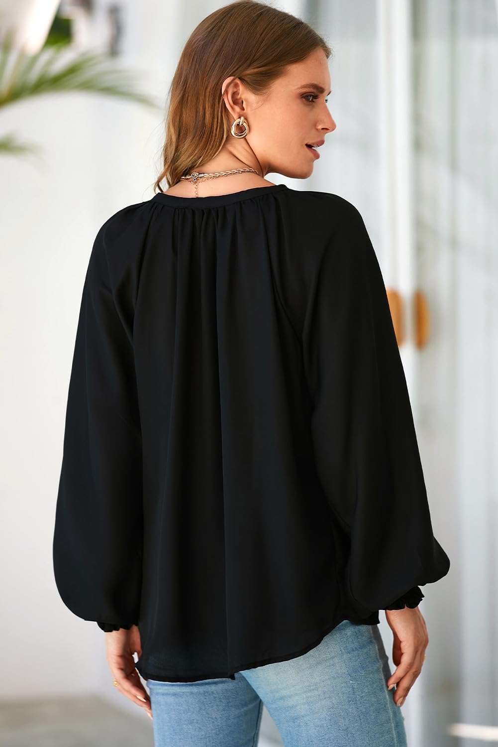 Dokotoo Womens Blouses Dressy Casual Flowy Boho Tops V Neck Long Sleeve Shirts - Image 5