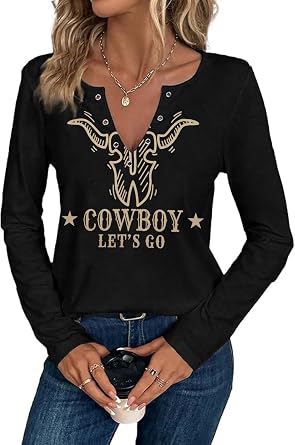 Western Country Shirts for Women Cowgirl Cartoon Boots Graphic T Shirts Notched V Neck Long Sleeve Casual Tee Tops