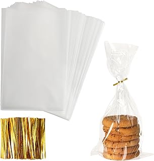 Augshy Cellophane Treat Bags - 300 Pcs 7x13 Inches With 320 Twist Ties, 1.4 Mils Thickness OPP Plastic for Packaging Lollipops, Candies, Desserts, Bakery, Cookies, Chocolate