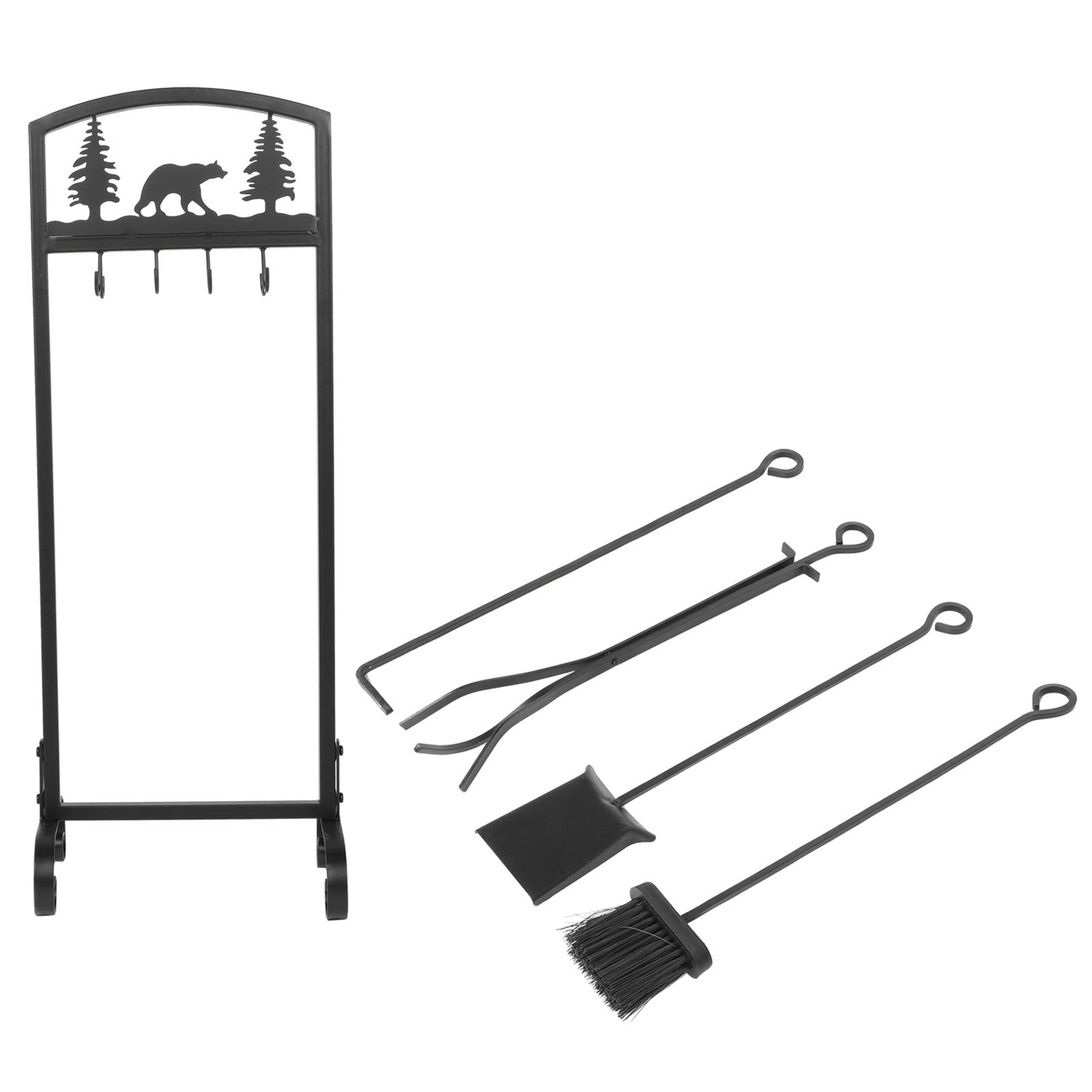 Wakects Juego de Herramientas para Chimenea Juego de Fuego de Hierro Forjado 5 Piezas con Soporte 22 X 31 X 82 Cm Diseño de árbol de Oso Pala de Póker Pinzas para Cepillo para Chimenea Interior Estufa