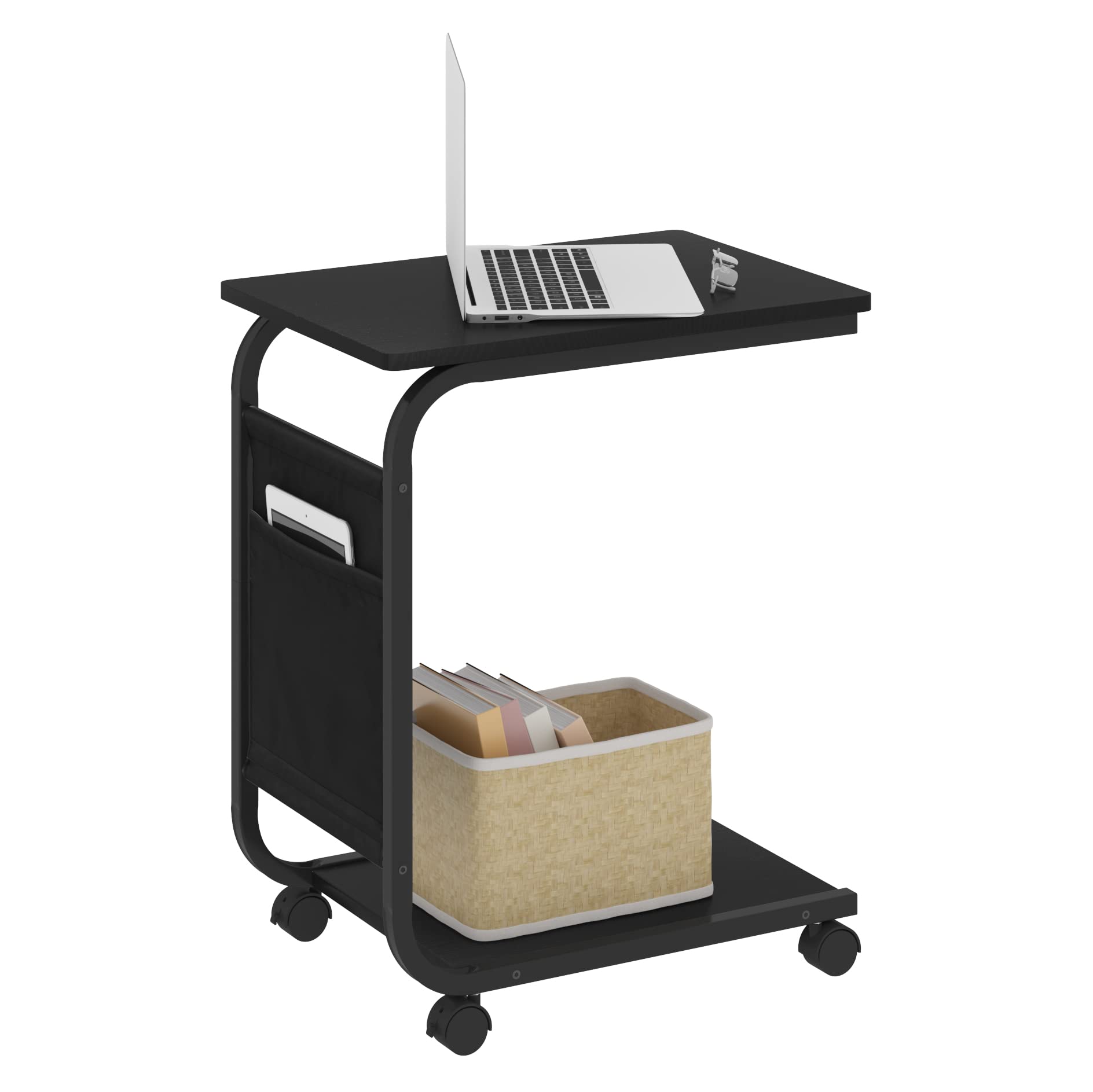 WOLTU Tavolino da caffè, Tavolo con 2 Ripiani e 1 Tasca Laterale, Tavolino Soggiorno a Forma di C, su Rotelle, per Divano Letto, in Legno Truciolare e Metallo, 50x35x62cm, Nero BTS04sz