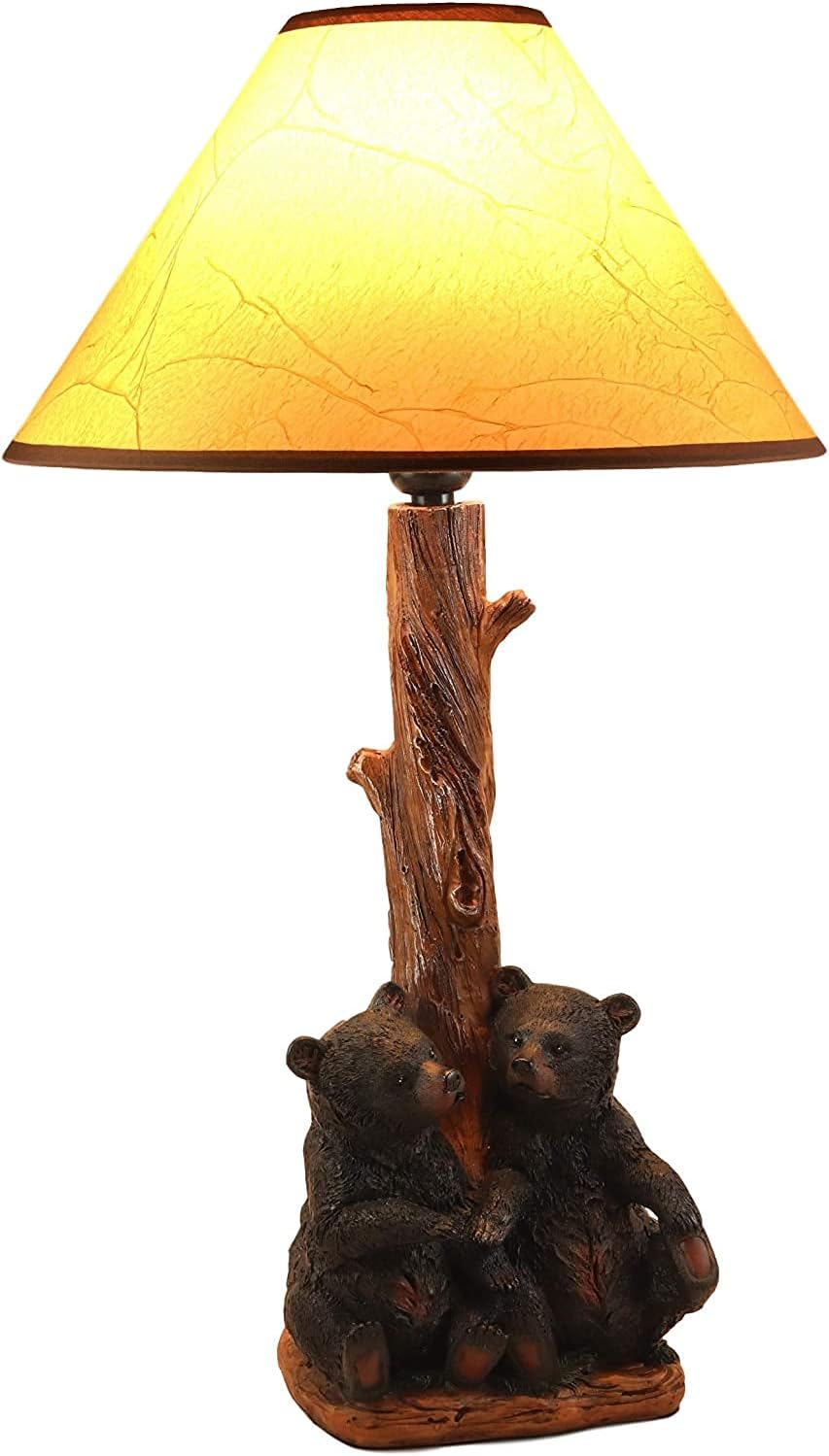 Ebros Wildlife Rustic Cabin Lodge Decor Whimsical 'Hand in Hand' Two Siblings Black Bear Cubs Sitting Together Table Lamp Statue with Shade 22" High Forest Bear Family Desktop Lamps