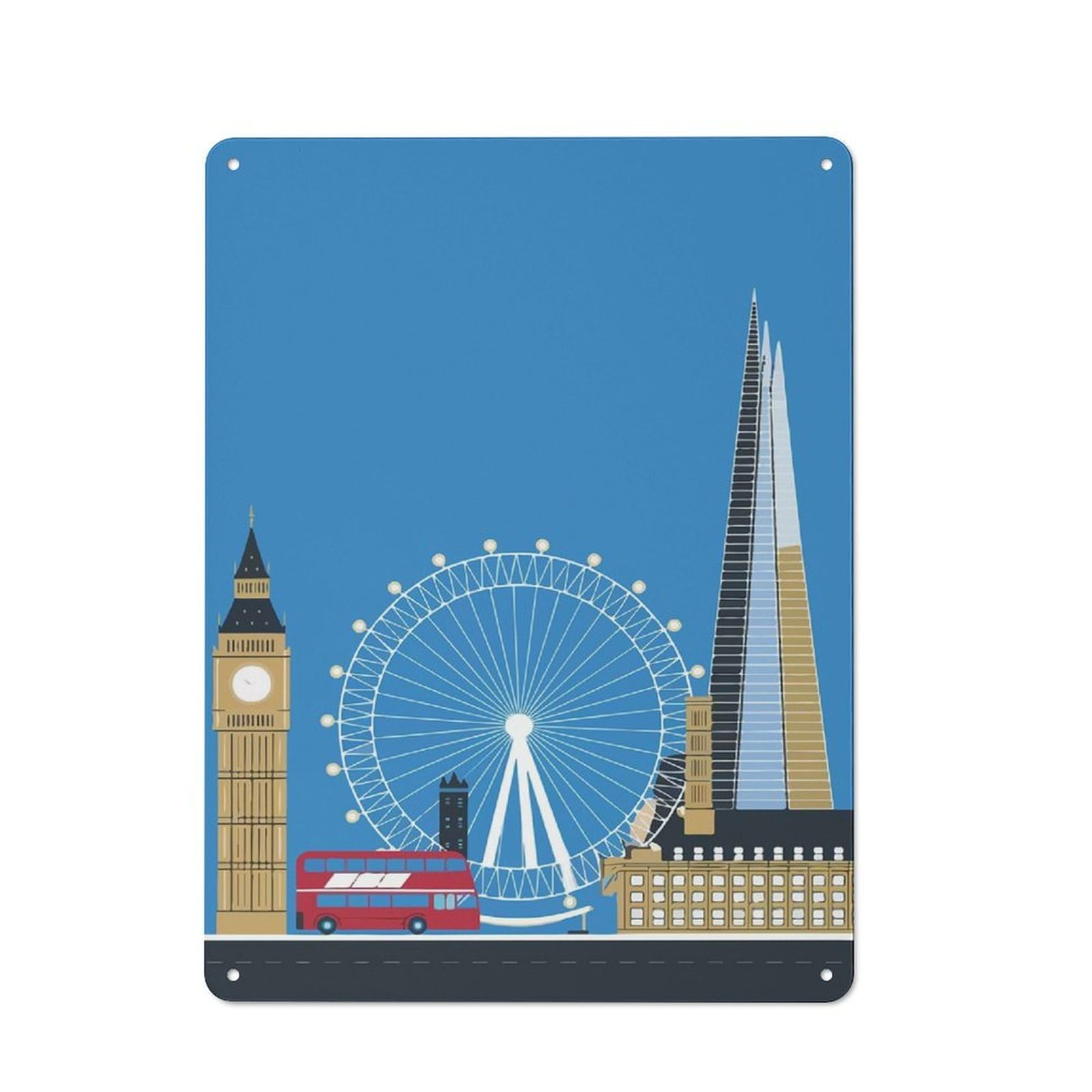 London Skyline Illustration Character Metal Wall Decor 40x30cm, Vintage Metal Sign for Home, Shop, Pub Or Studio Wall