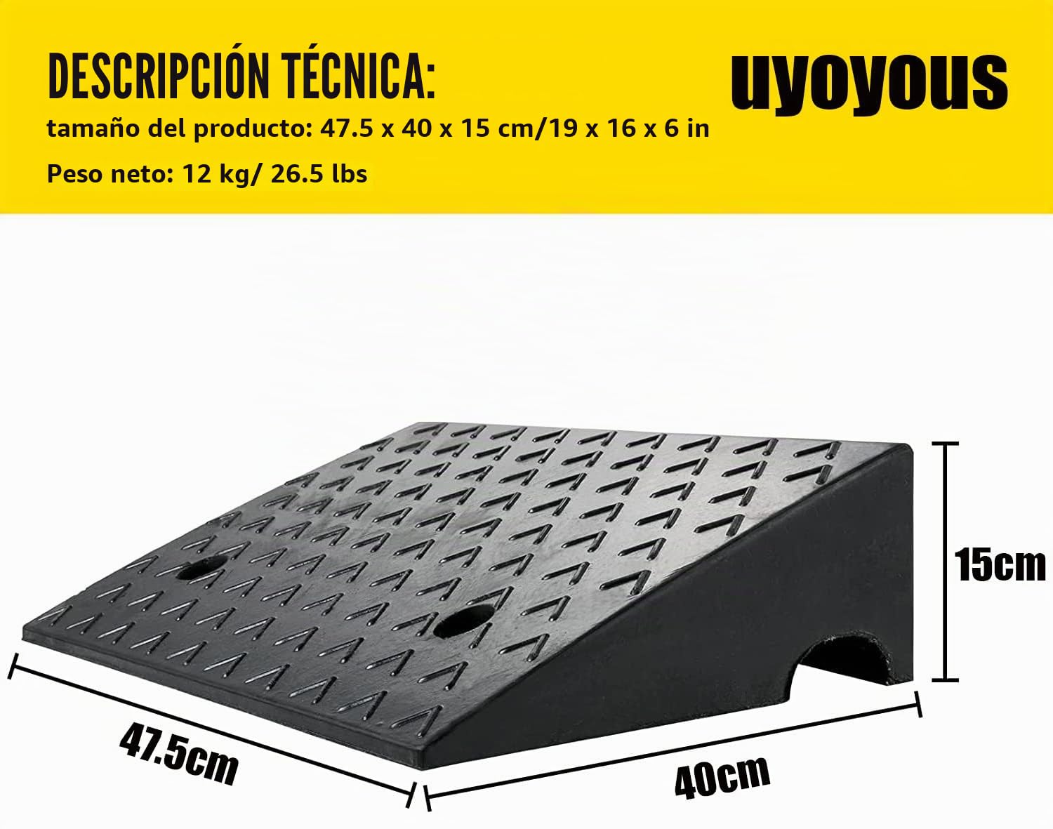uyoyous Rampa de goma para bordillos, 47,5 x 40 x 15 cm, goma maciza, rampa de umbral, rampa para bordillos, para coche, silla de ruedas, caravana