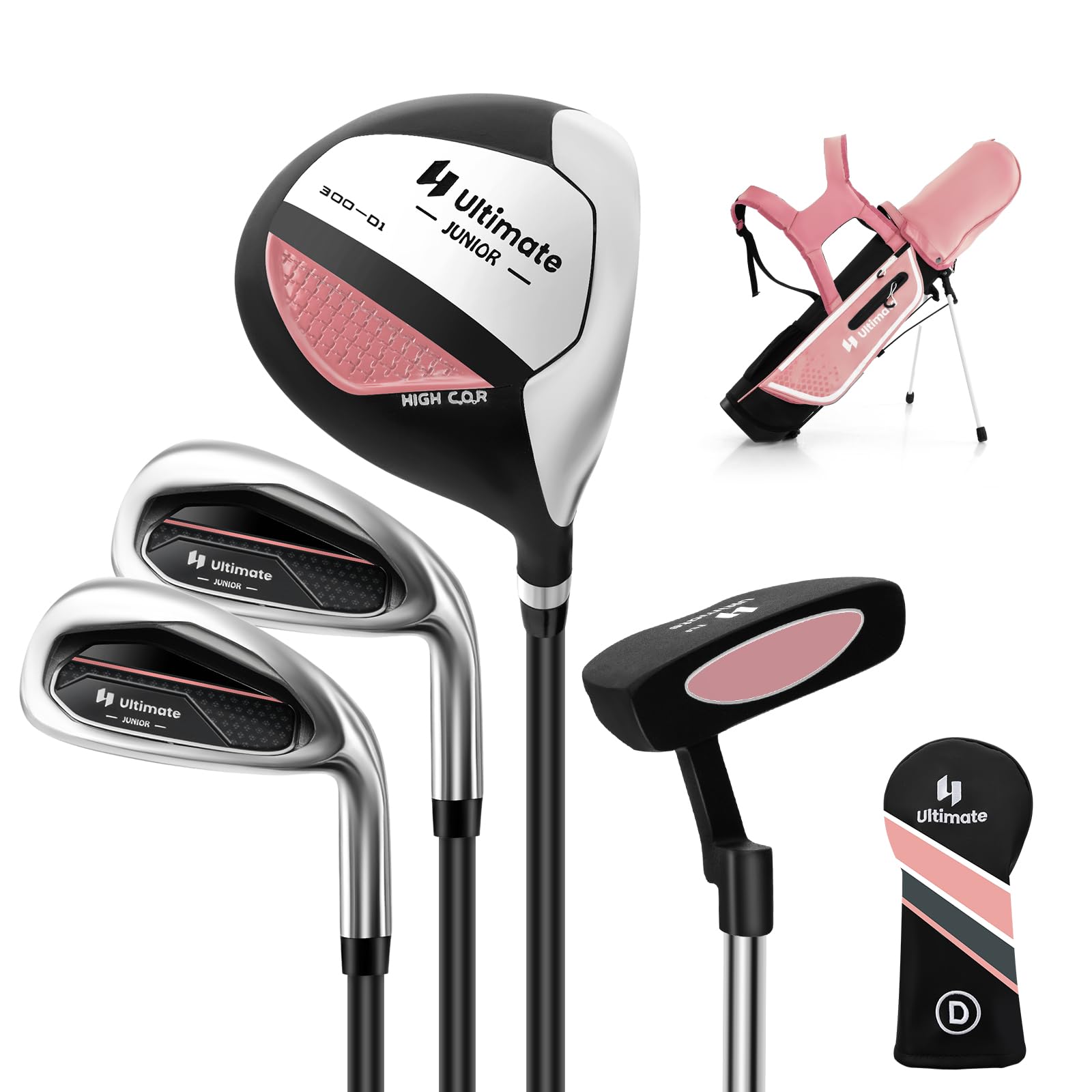 COSTWAY Juego de Palos de Golf para Niños de 8 a 10 Años, Incl. Bolsa de Soporte con Capucha para Lluvia, Driver n.º 1, Hierros y Putter n.º 7#S para Niños y Niñas, Diestros