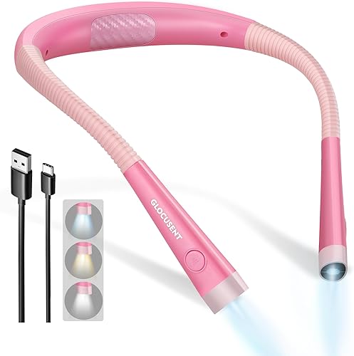 Vista 37 de Glocusent - Luz de lectura para el cuello, 3 colores, 6 niveles de brillo, brazos flexibles, recargable, larga duración, perfecta para leer