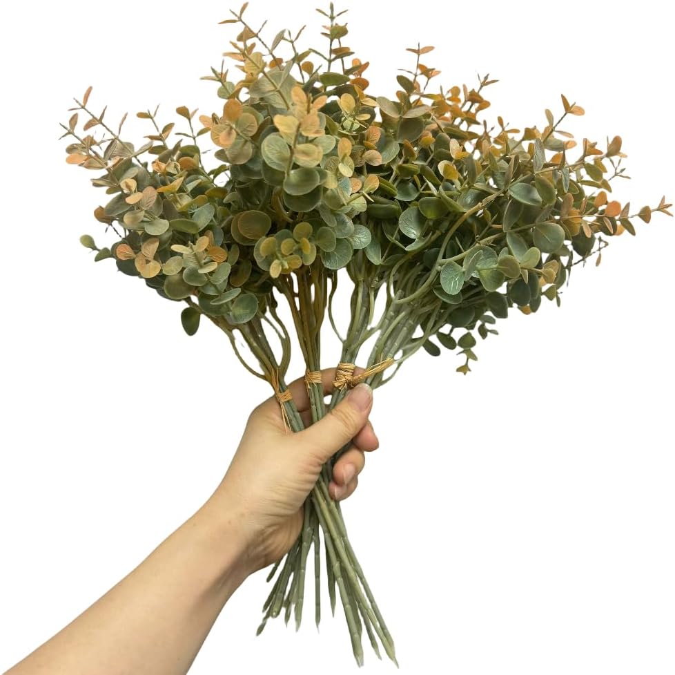 24 Pieces Realistic Eucalyptus Stems Plastic Plants,14" Faux Eucalyptus Stems for Home Wedding Farmhouse Bathroom Fall Wreath Shower Decor Greenery for Centerpieces (Orange, 14")