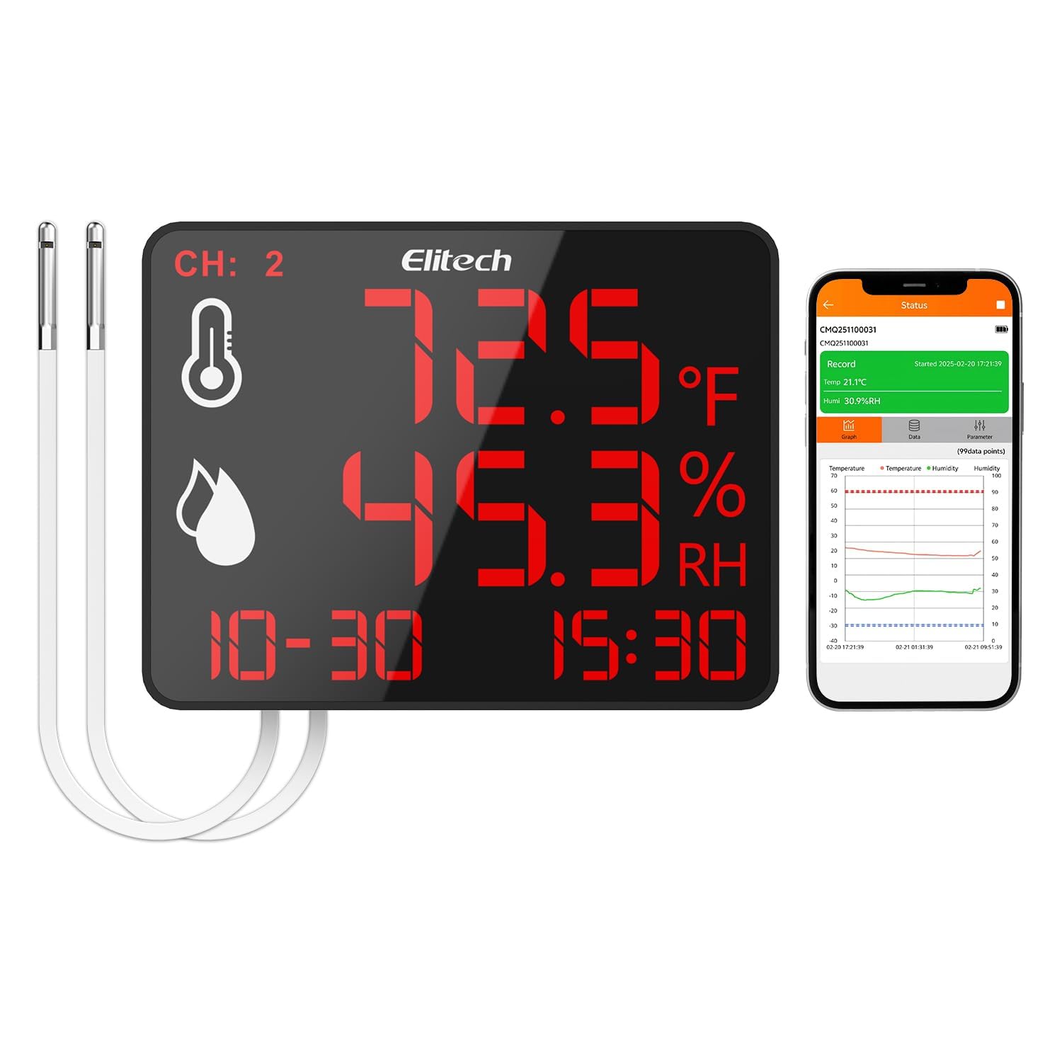 Elitech Termómetro higrómetro digital con doble sonda externa, 2 x 2 m, grabadora Bluetooth 30.000 puntos, gran pantalla para almacén, invernadero, laboratorio, DR-230-THDE