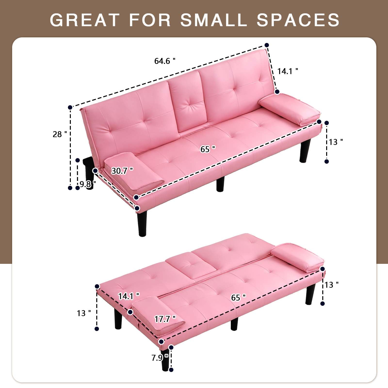 67" Futon Sofa Bed Convertible Sofa Bed with 2 Cup Holders (Pink) | Sleeper Couch PVC Leather Removable Soft Armrest Small Couch for Living Room Apartments