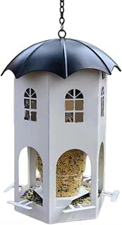 HOHOVYVY Comedero para pájaros, comedero para pájaros de metal para colgar para exteriores, comedero para pájaros silvestres con percha, color blanco