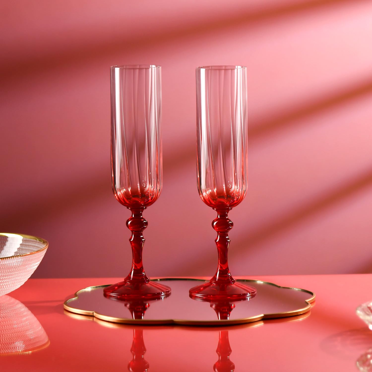 Krosno Champagner Gläser 2er Set, 220 ml, Roter Stiel, Bubble | Celebration Moments, Sektgläser, Bleifreies Kristallglas Trinkglas für Champagner, Prosecco, Cava und Schaumwein, Aperitif