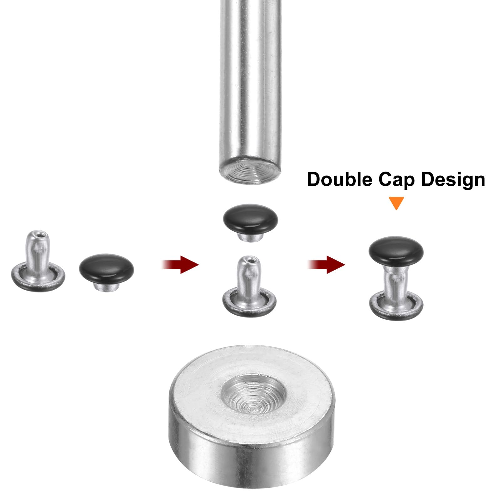 HARFINGTON Juego de 100 remaches de cuero de 8 mm x 6 mm, de metal de doble tapa, con 3 herramientas de ajuste, remaches para manualidades, reparación de cuero, decoración, color negro brillante