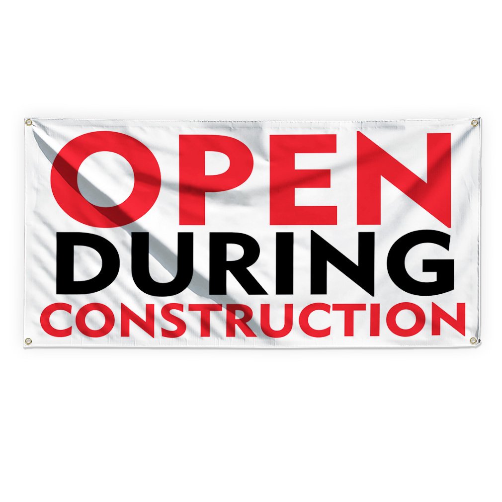 Vinyl Banner Multiple Sizes Open During Construction A Business Outdoor Weatherproof Industrial Yard Signs White 6 Grommets 36x72Inches