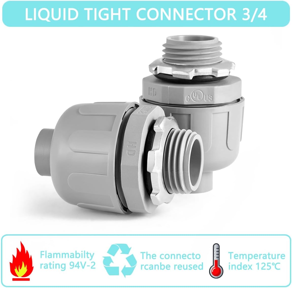 64 Pcs 3/4 Inch Liquid Tight Connector NPT Non-Metallic PVC Electrical Flexible Conduit Fittings, UL Listed - 180 Degree Straight