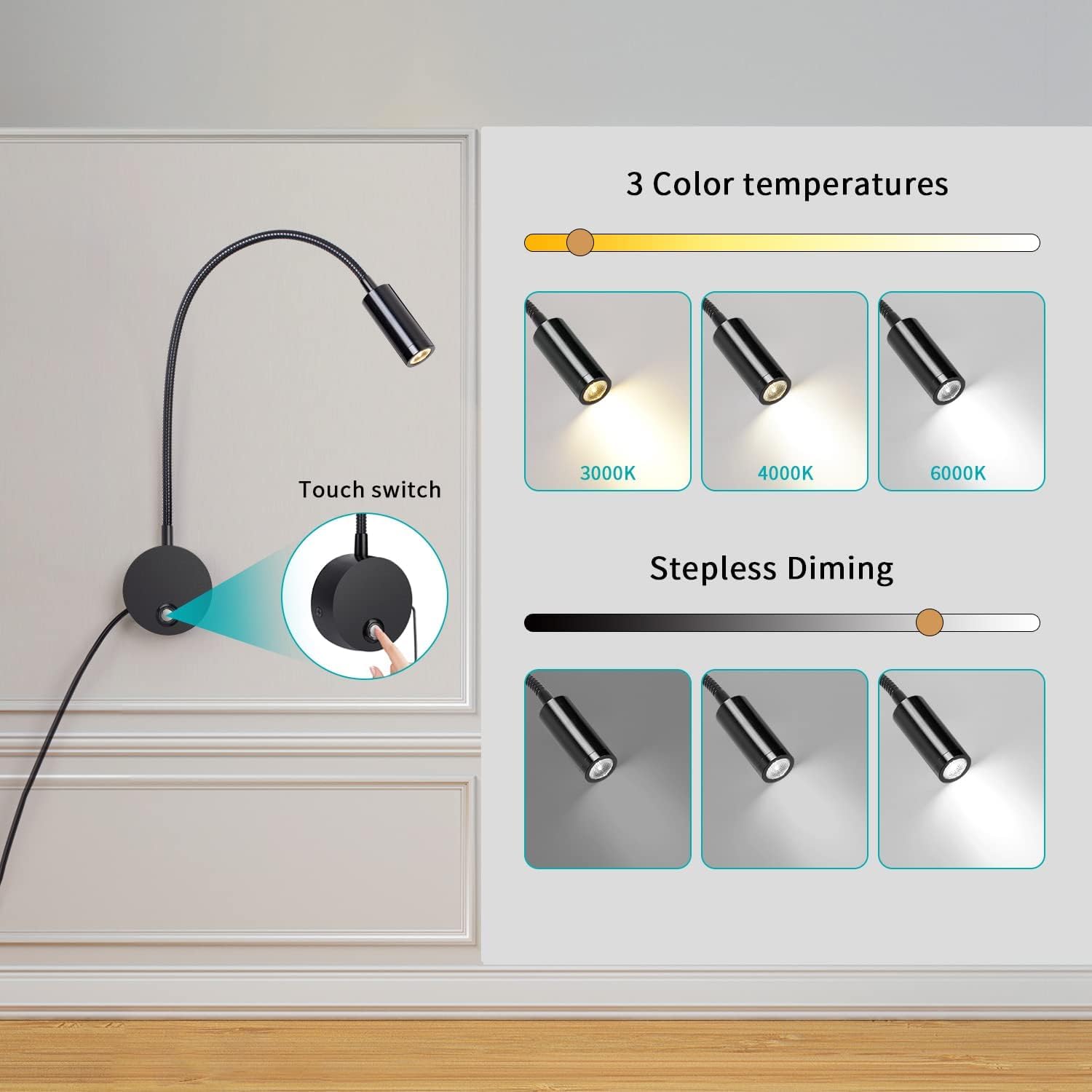 ERWEY Liseuse murale, Lampe de chevet murale LED avec interrupteur tactile dimmable et port de charge USB, 3W liseuse de lit pivotante à 360° avec prise et câble pour chambre, 3000-6000K, Noir
