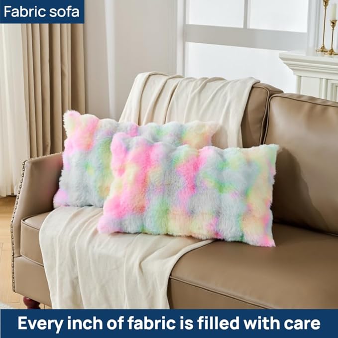 Pack of 2 Throw Pillow Covers Dense Faux Rabbit Fur Cozy Super Soft Fuzzy Set Case Decorative Throw Pillows Cushion for Couch Sofa Bedroom-Rainbow 12x20 Inch