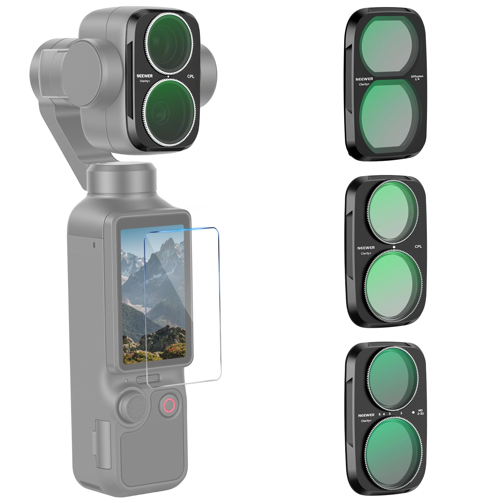 NEEWER Clarity+ filtr ND/CPL/Effect kompatybilny z DJI Osmo Pocket 4P | Optyczny HD, zmienna gęstość neutralna ND ND2-32, polaryzator kołowy, czarny filtr dyfuzji 1/4 do mgły efekt kinowy metal