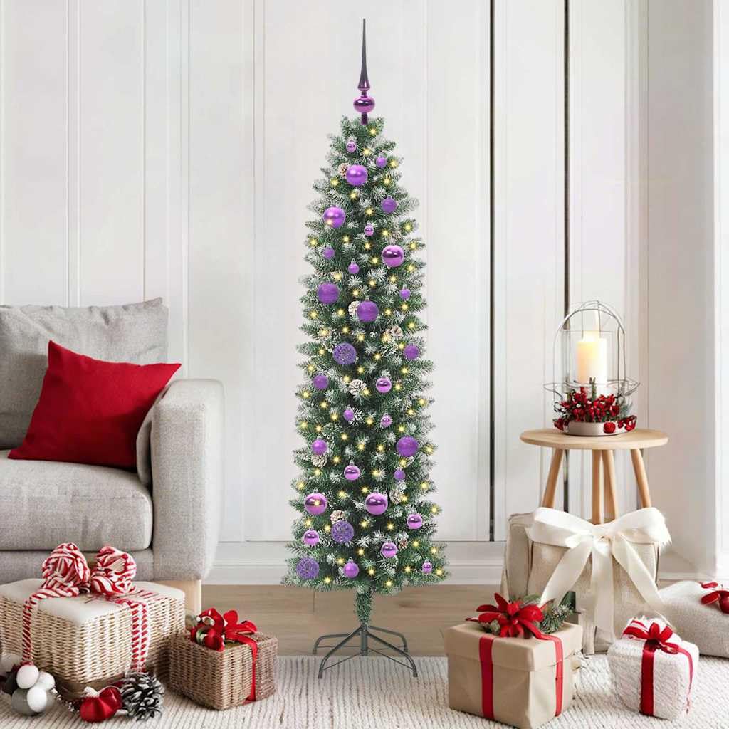 Sztuczna smukła choinka zielona i biała 150 cm, PCW i metal, z 150 diodami LED o ciepłej białej barwie, 8 trybów, zasilanie USB, do wnętrz, uroczystości rodzinnych