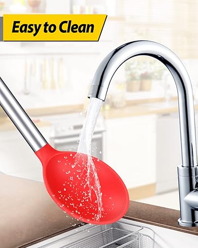 Miniatura 5 de Paquete de 2 cucharas de cocina de silicona grandes antiadherentes sólidas, resistentes al calor, utensilios de cocina para mezclar servir (negro y