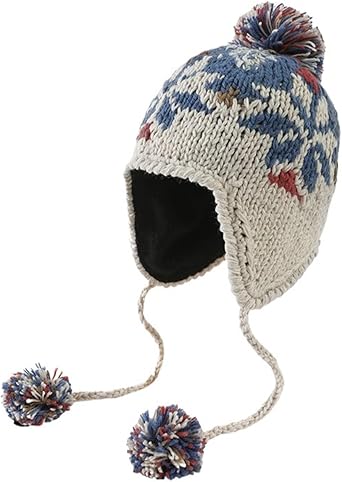 Women Cute Beanie Hat with Pom Warm Ski Snow Ear Flaps Snowflake Fair Isle Pattern Crochet Hats with Fleece Lined