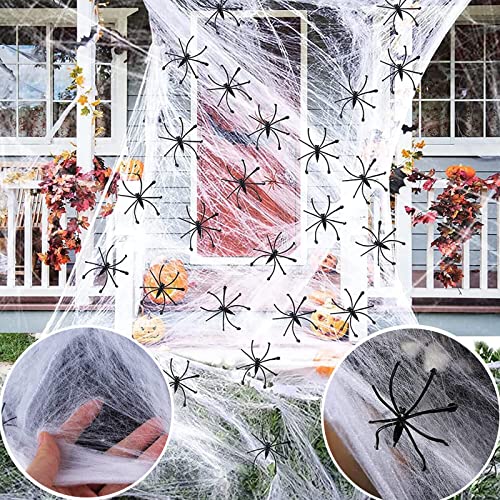 SIMEIXI Ragnatela di Halloween, Decorazione Ragnatela di Halloween - 100 g Ragnatela Elastica e 50 Ragni Neri per Decorazioni per Feste di Halloween