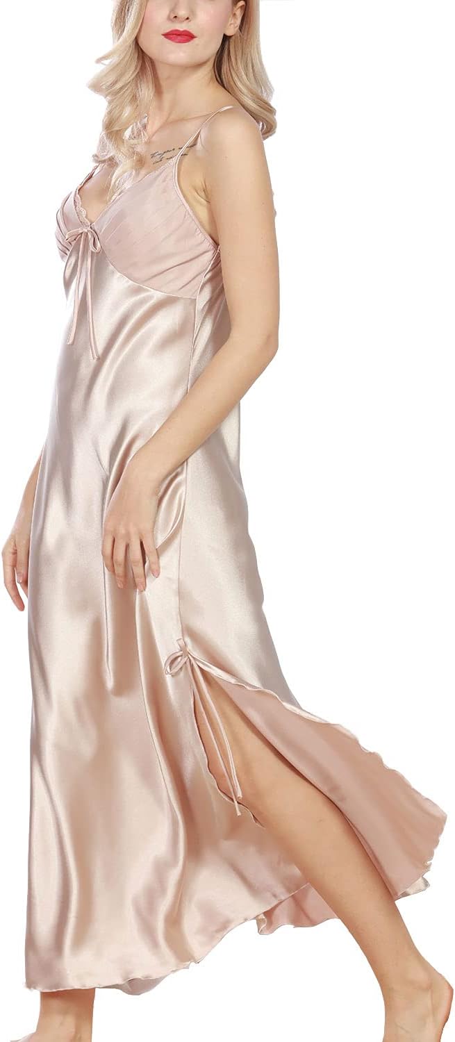 Lu's Chic Women's Satin Nightgown Dress Silk Lace Sleeveless Long Chemise Lingerie Sleepwear - Image 5
