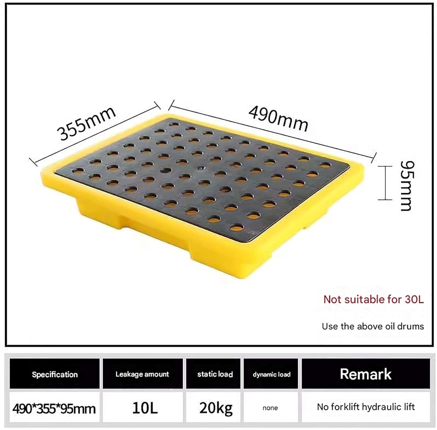 Stackable Spill Containment Platform with Grating, Modular Spill Pallet for Easy Drainage, Yellow & Black, Heavy-Duty Spill Control (49x35.5x9.5cm)