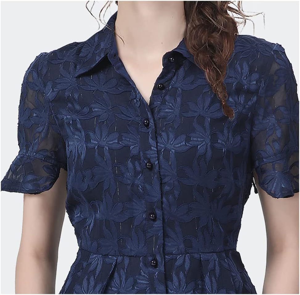 Ladies Embroidery Floral Chiffon Blouse Slim Summer Tops Turn-Down Collar Work Casual Shirts