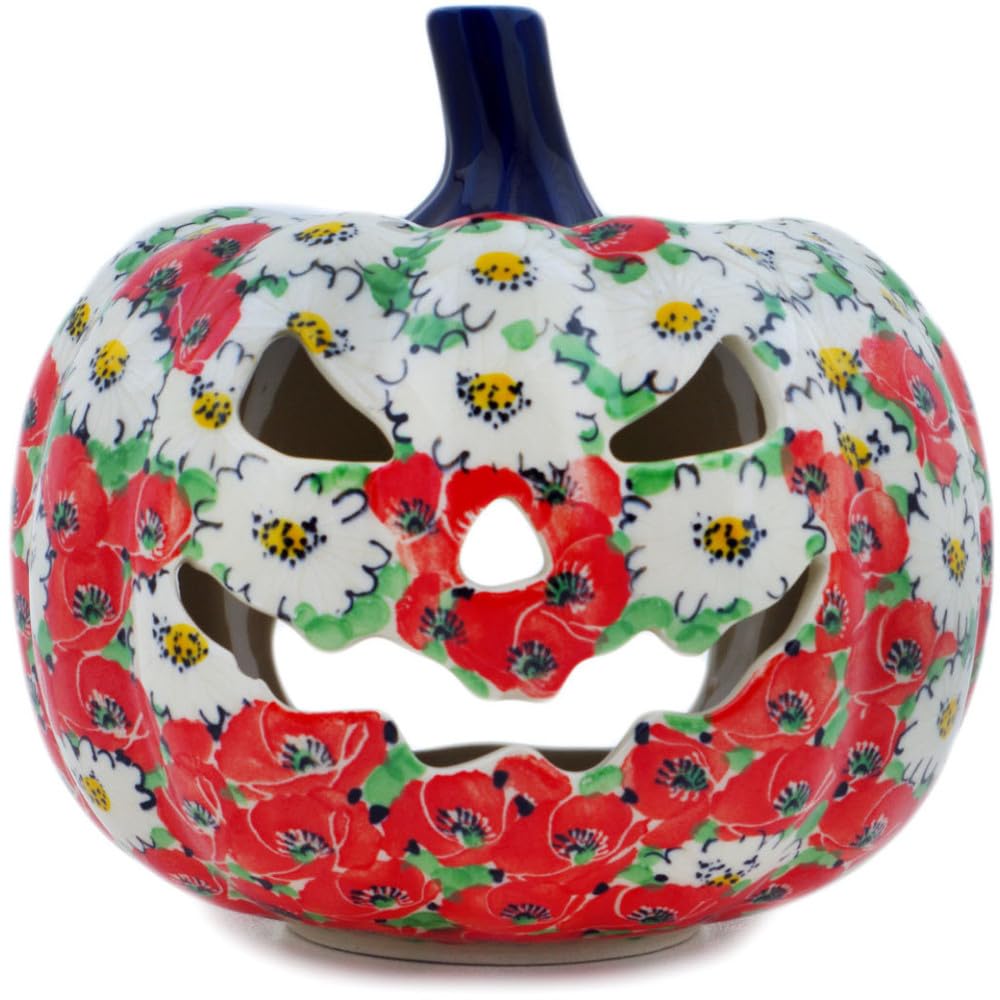 Authentic Polish Pottery Jack O Lantern Candle Holder Signature UNIKAT in Spring Blossom Harmony Design Handmade in Boles?awiec Poland by Ceramika Artystyczna + Certificate of Authenticity