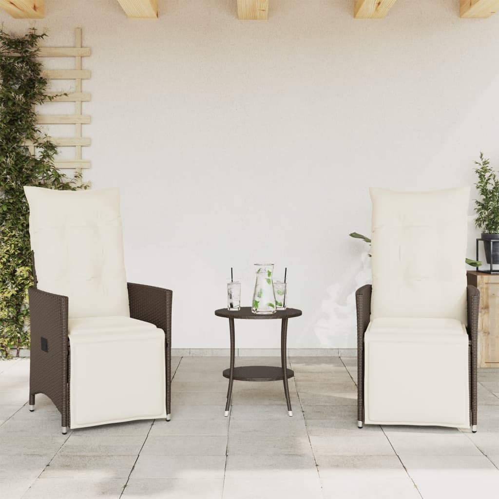 Fengshui Set da bistrò da 3 pezzi con cuscino, in rattan sintetico, marrone | Schienale regolabile, poggiapiedi, cuscino imbottito spesso, rivestimento rimovibile e lavabile, telaio in acciaio verniciato