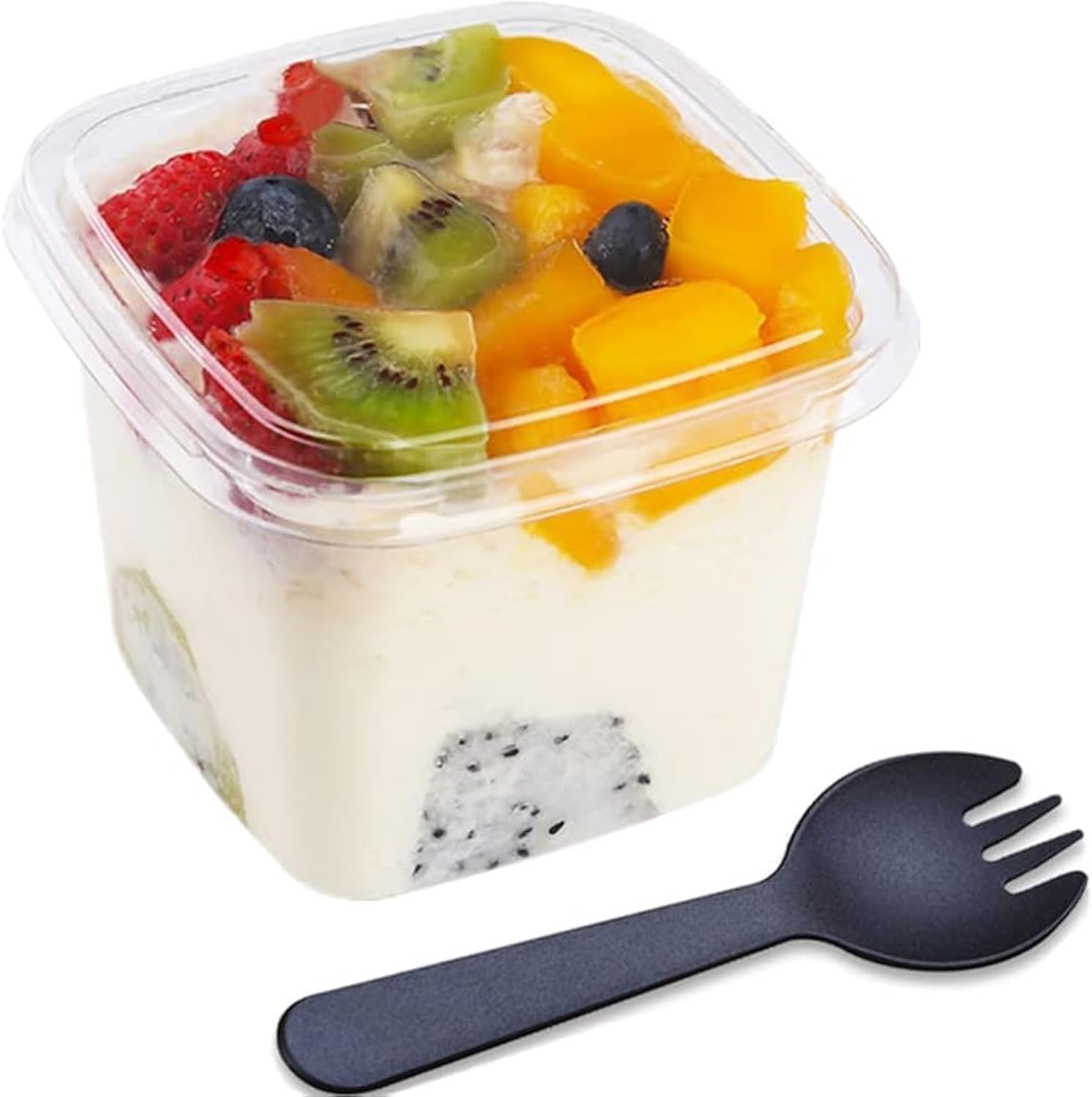 Lot De 100 Gobelets à Dessert En Plastique PET 300ml – Avec Couvercles Et Cuillères – Transparents – Pour Mousses, Glaces, Pudding – Fêtes, Mariages