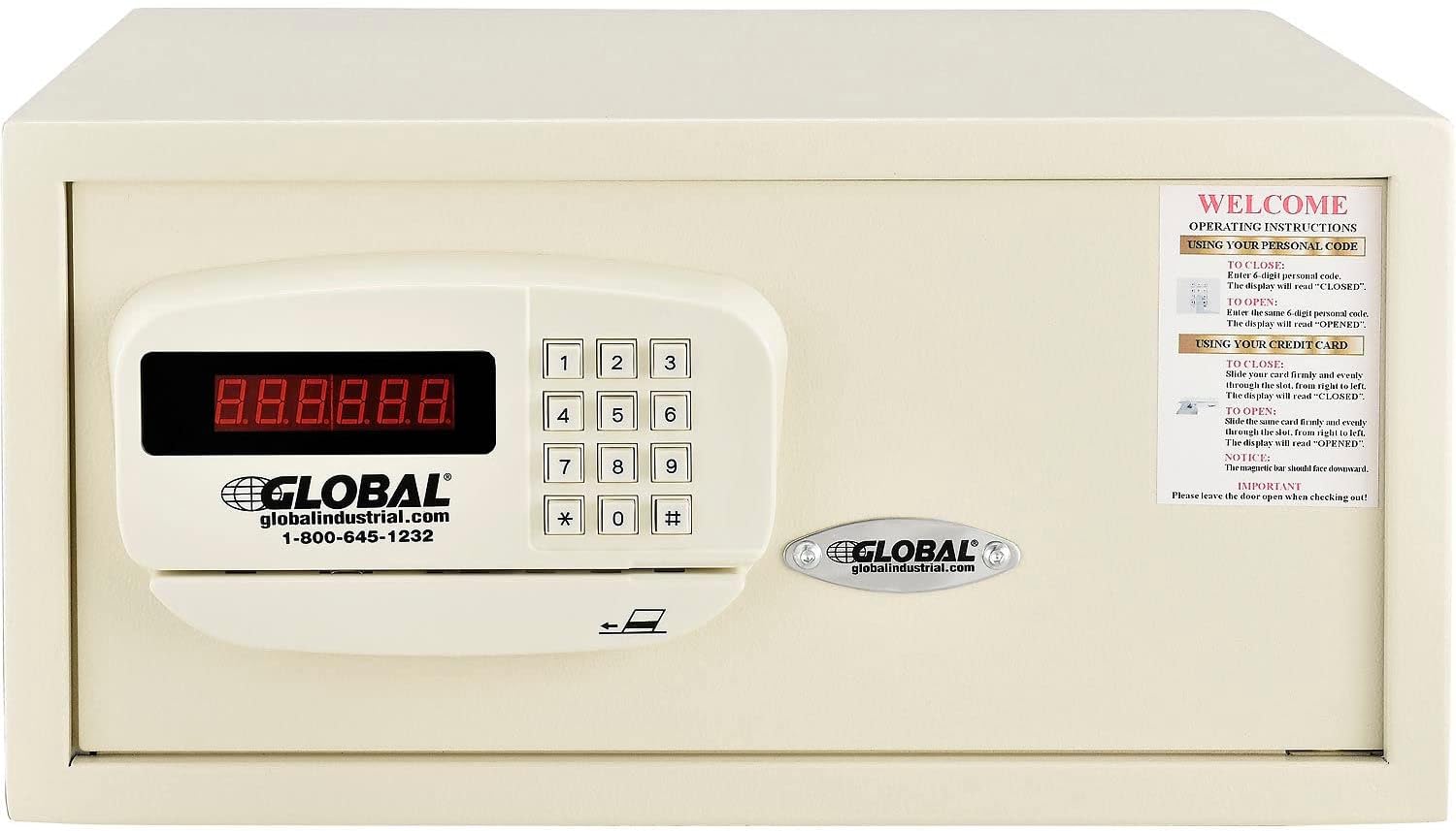 Front view of the Global Industrial Personal Hotel Safe with electronic keypad and card slot.