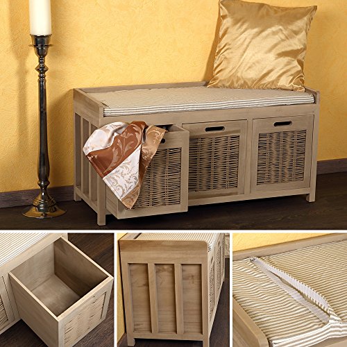 Melko Sitzbank-Kommode mit Stauraum 3 Weidekörben in beige aus Holz Sitzkommode mit Auflage Truhenbank 90 x 45 x 34 cm