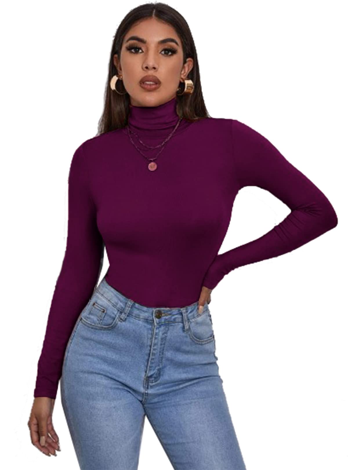 Zaif & Hari® Women's Polo Roll Neck Long Sleeve Turtle Neck Jumper - Ladies Plain Mockneck Casual Top (Purple, 12-14)
