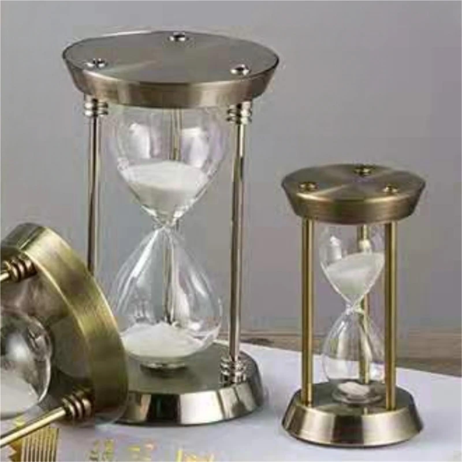 Reloj de Arena vacío, Adorno de Temporizador Reloj Arena Escritorio, Tres pilares Metal, 2 uds(Mini White Sand,10min)