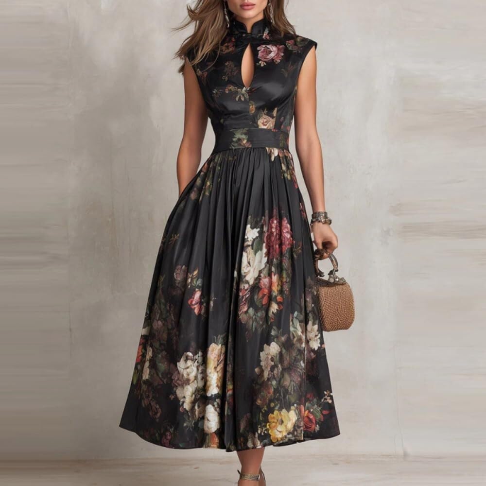 Abito midi satin floreale senza maniche fruncito invitata matrimonio