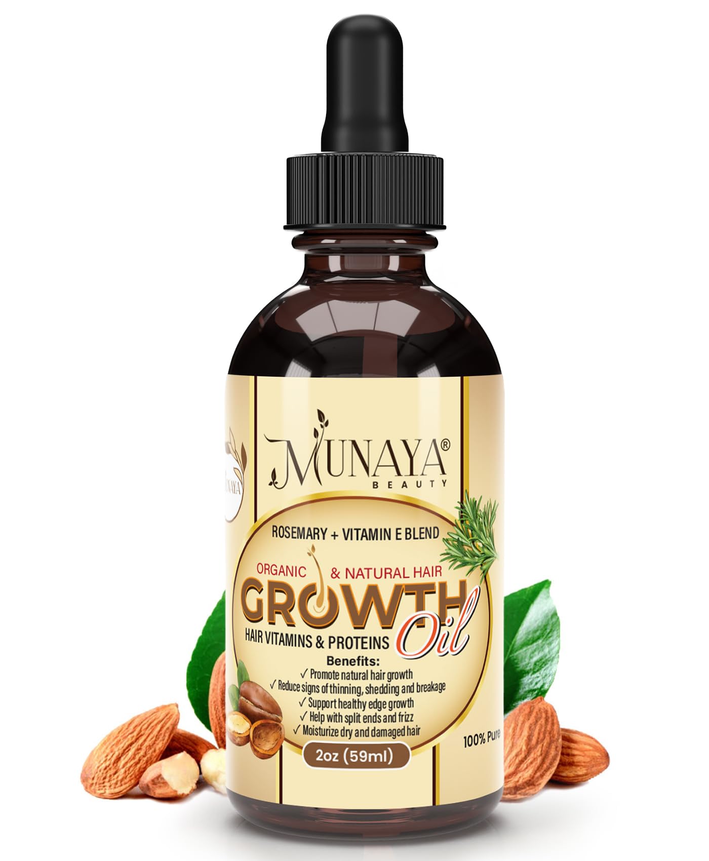Munaya Hair Growth Oil. 100% Natural Ingredients. Reduces signs of thinning and promotes hair growth. Reduces signs of shedding and hair fall. Helps with split ends and frizz. For men and women.