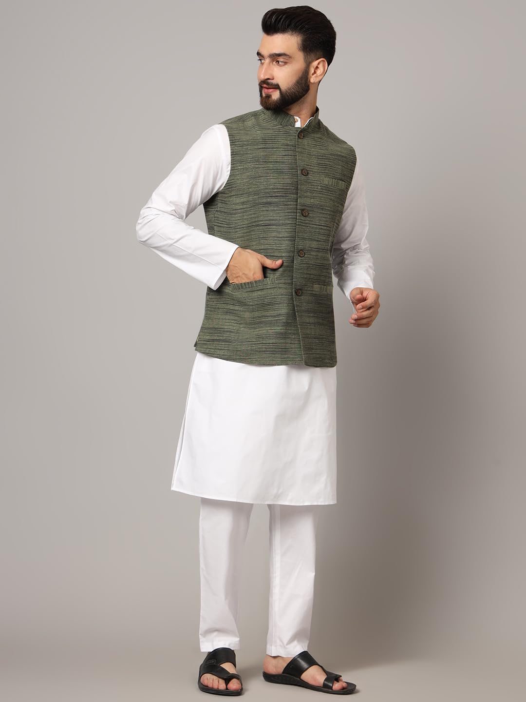 LATEST CHIKAN Men's Nehru Jacket/Waistcoat Sophisticated Ethnic Wear - SADRI-DK-GR-44 - Image 3 thumbnail
