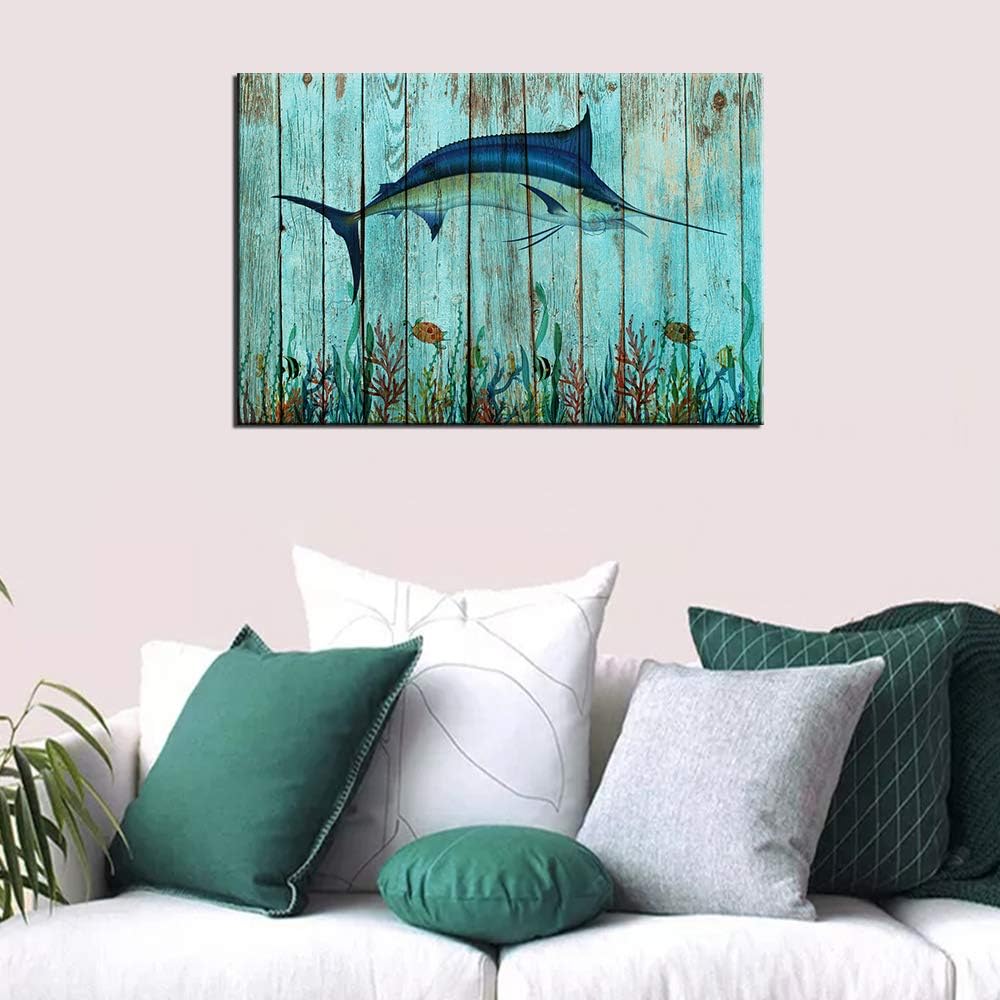Jumping Blue Marlin Fish Paintings Coral Wall Art Swordfish Pictures for Kitchen Wall Teal Canvas Artwork HD Prints Ocean Animal Posters Country Home Decor Giclee Framed Ready to Hang(20''Wx 14''H) 16''Wx24''H Artwork-07