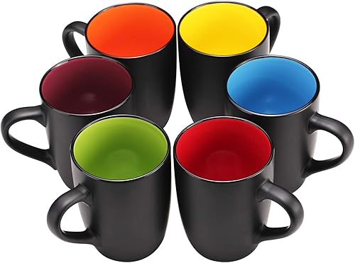 Juego de 6 tazas de café de 16 onzas, tazas de café grandes de cerámica con asa, taza de café negro mate, aptas para lavavajillas, café, cacao,