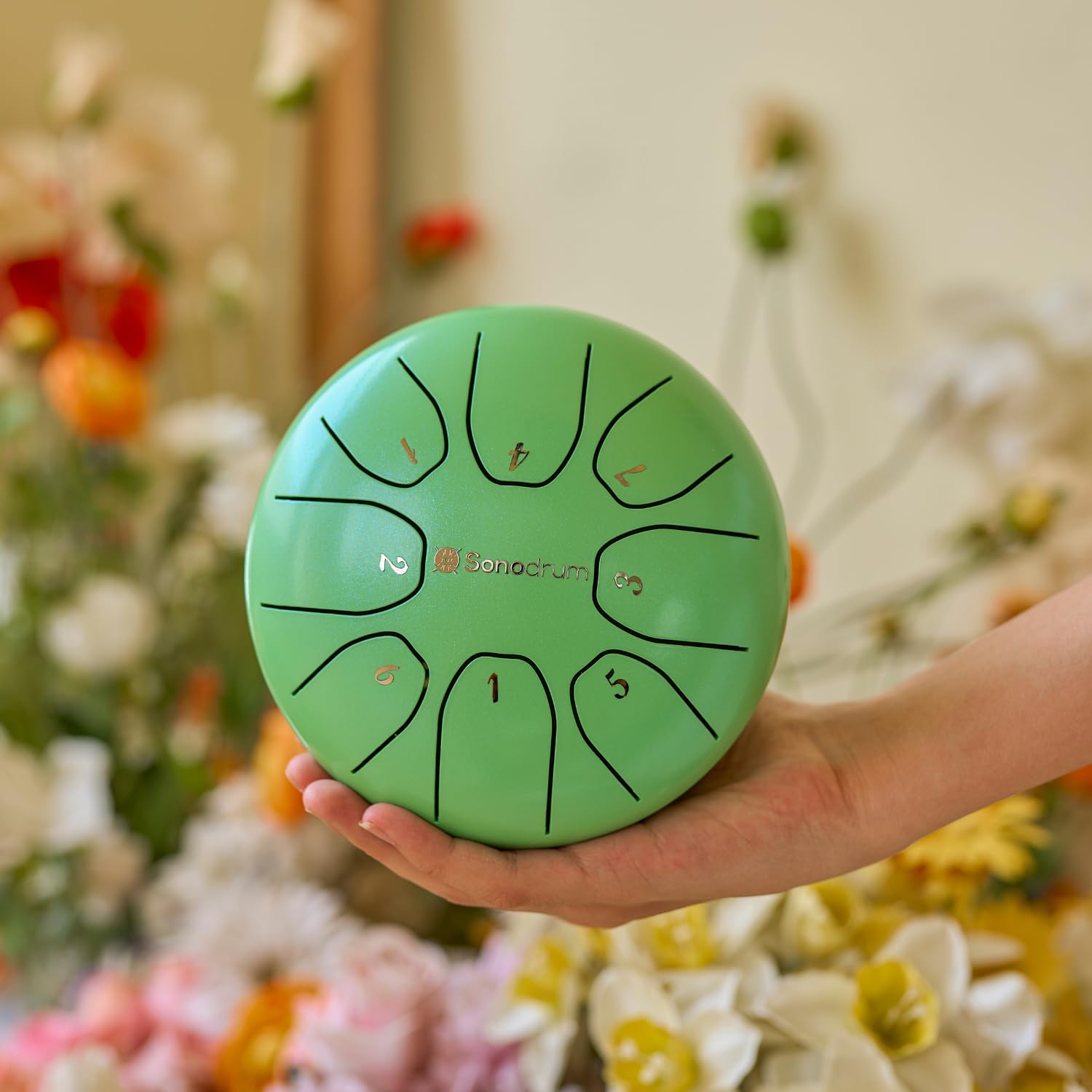 Tongue Drum “Standard C mayor” en verde - diámetro 14cm y 8 notas. Handpan con libro de música, bolsa y mallets. Instrumento de percusión Handpan para niños y adultos - Para meditación y yoga