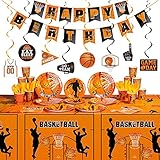 181 Pcs Basketball Theme Birthday Party Decorations 2 Basketball Sports Tablecloth 8 Hanging Swirls Basketball Hoop Banner 24 Set Basketball Tableware Plates Cups Napkins for Boy Kids Party Decor