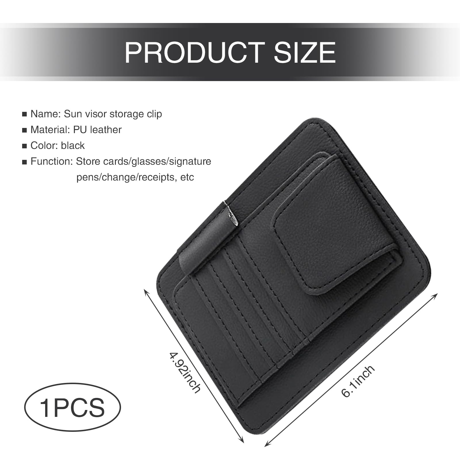 Slykew 1 PC Car Sun Visor Card Holder Replacement, 6.10In x 4.92In Large Capacity Leather Vehicle Visor Sunglasses Organizer Clip, Universal Automotive Pen Pocket Accessories for Truck SUV (Black)