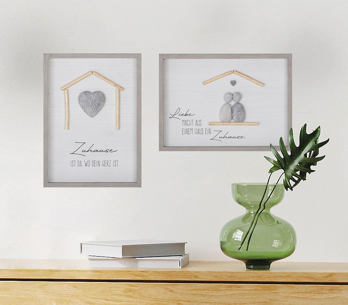MF Wandbild Set Zuhause, 2er Set Steinbilder mit 3D-Herzmotiv und Sprüchen, 46x33,5 cm, Grau-Weiß