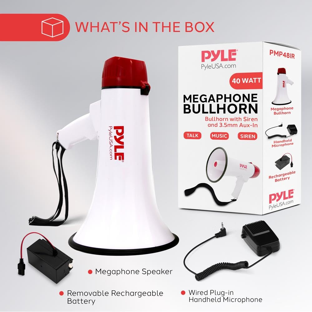 Pyle Altavoz megáfono PA Recargable, bocina de 40 W con Sirena, Entrada AUX, función de grabación y Rango de 900 m, Altavoz de Mano Fuerte para Entrenadores, animadoras, Ejercicios de Seguridad y